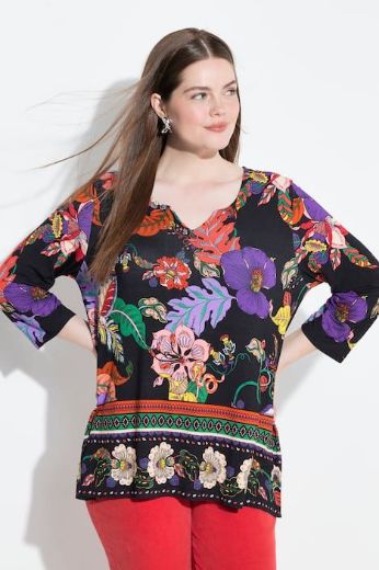 Plus size veliki brojevi Majica A kroja  s 3/4 rukavima cvjetnog printa za punije