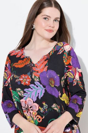 Plus size veliki brojevi Majica A kroja  s 3/4 rukavima cvjetnog printa za punije