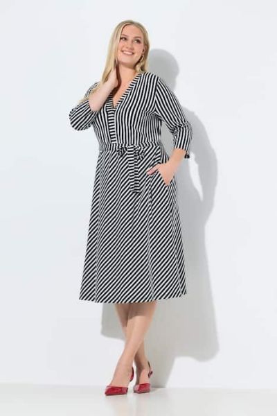 Veliki brojevi Haljina midi 3/4 rukava A kroja prugasta moda za punije