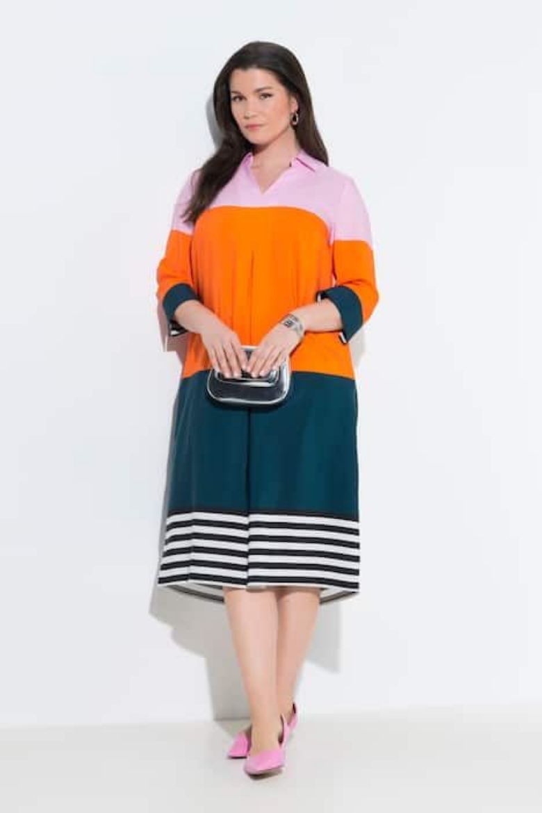 Plus size veliki brojevi Haljina midi 3/4 rukavi s kragnom za punije