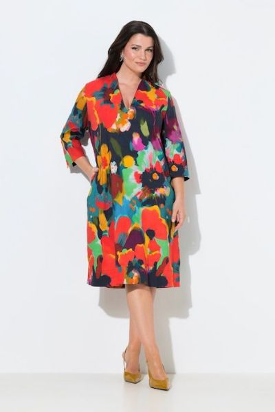 Veliki brojevi Haljina midi 3/4 rukava A kroja lanena moda za punije