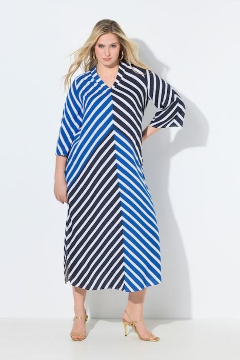 Plus size veliki brojevi Haljina maxi 3/4 rukavi prugasta za punije