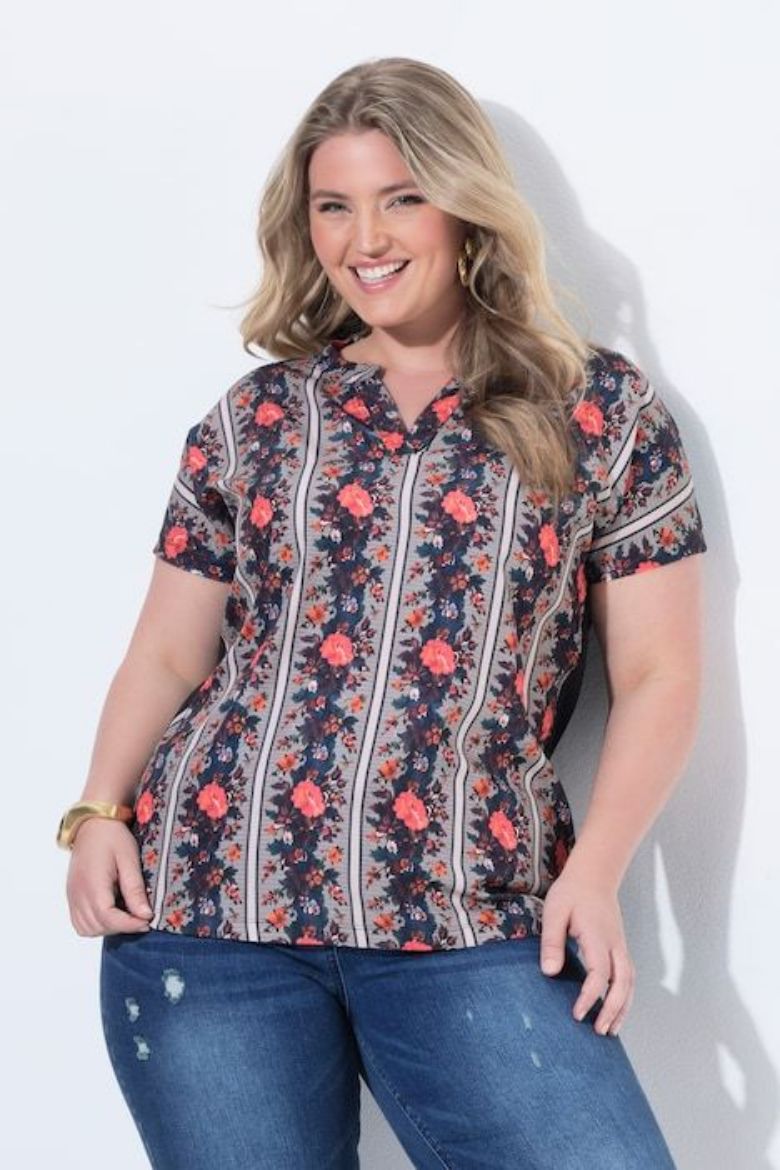 Plus size veliki brojevi Bluza kratkih rukava s prorezom na izrezu i uzorkom za punije
