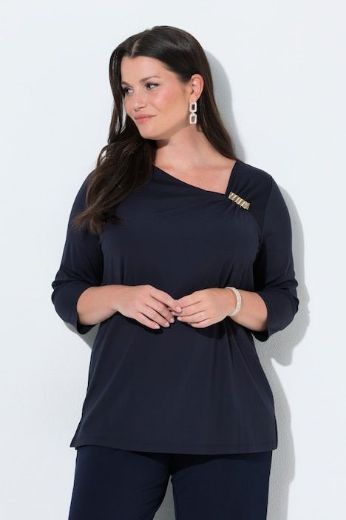 Plus size veliki brojevi Majica 3/4 rukava s asimetričnim izrezom i brošem za punije