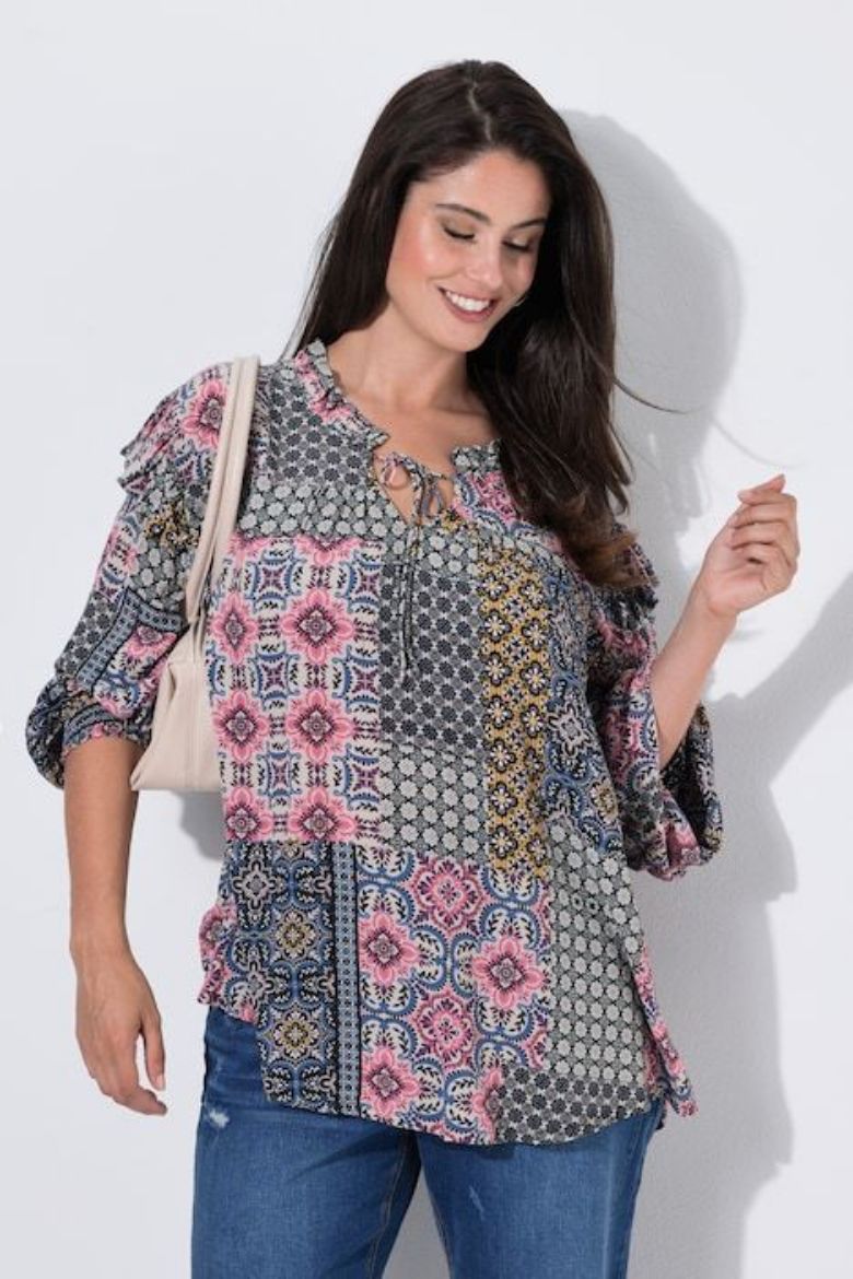 Plus size veliki brojevi Bluza dugih rukava A kroja okruglog izreza s volanima za punije