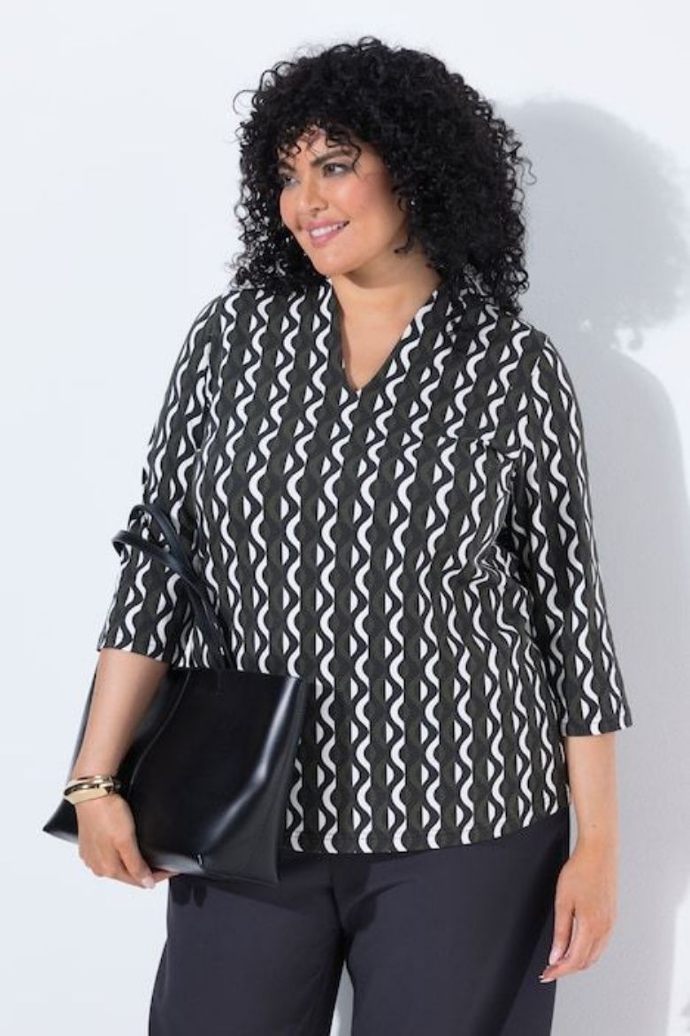 Plus size veliki brojevi Majica 3/4 rukava V izreza s kragnom i uzorkom za punije