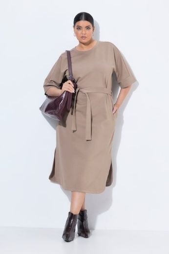 Plus size veliki brojevi Haljina midi kratkih rukava šireg kroja okruglog izreza s pojasom za punije