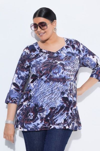 Veliki brojevi Majica 3/4 rukava A kroja s ukrasnim kamenčićima moda za punije