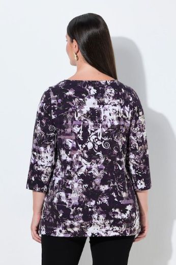 Plus size veliki brojevi Majica 3/4 rukava lađa izreza s cvjetnim uzorkom i ukrasnim kamenčićima za punije