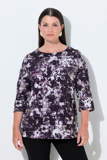 Plus size veliki brojevi Majica 3/4 rukava lađa izreza s cvjetnim uzorkom i ukrasnim kamenčićima za punije