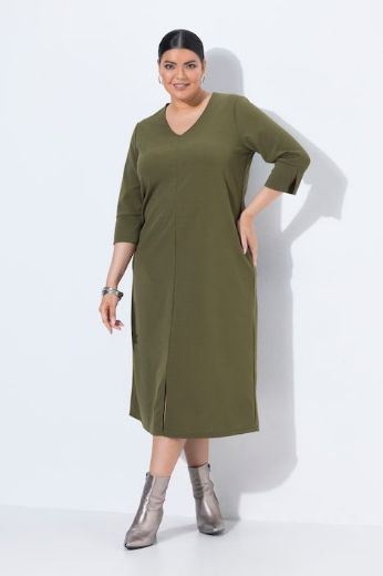 Plus size veliki brojevi Haljina midi 3/4 rukava V izreza s džepovima za punije