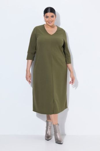 Plus size veliki brojevi Haljina midi 3/4 rukava V izreza s džepovima za punije