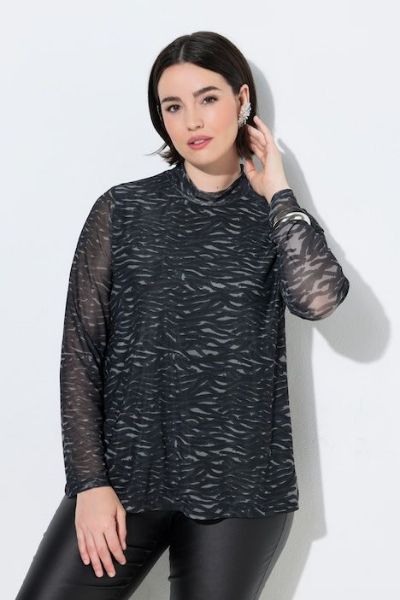 Veliki brojevi Mrežasta majica dugih rukava s povišenim ovratnikom i zebra uzorkom moda za punije