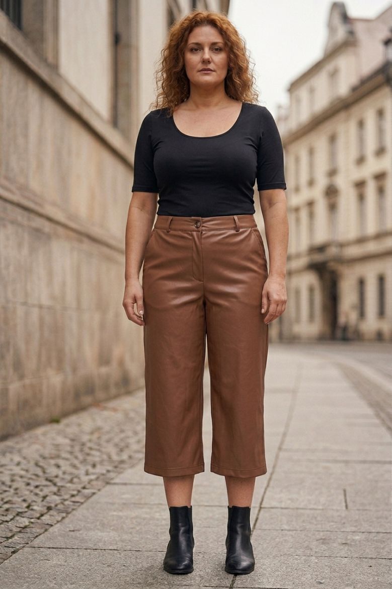 Plus size veliki brojevi Hlače 3/4 širokih nogavica imitacije kože djelomično elastičnog struka za punije