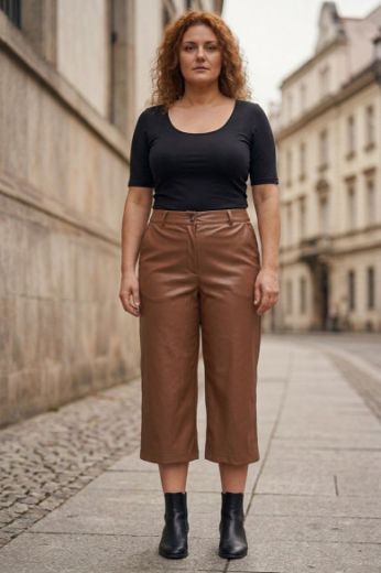 Plus size veliki brojevi Hlače 3/4 širokih nogavica imitacije kože djelomično elastičnog struka za punije