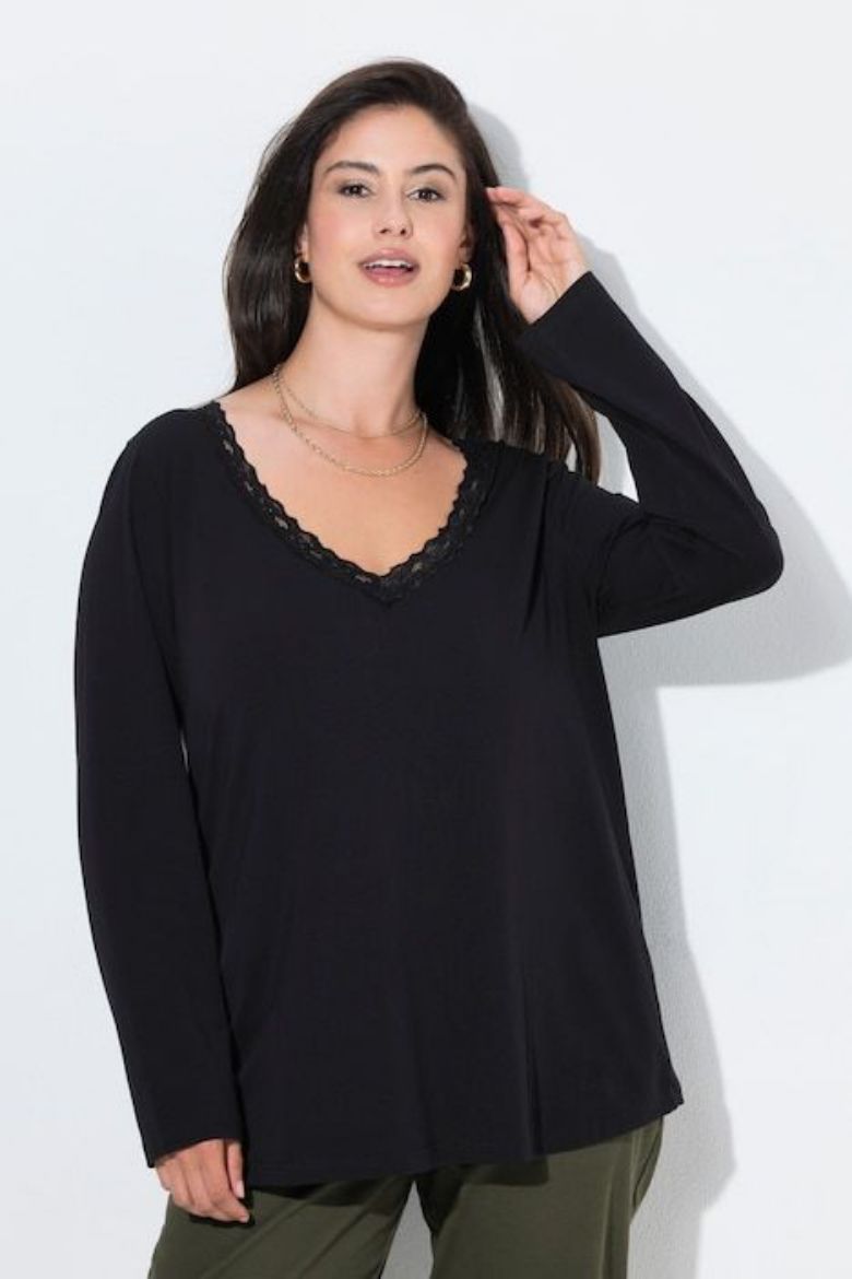 Plus size veliki brojevi Majica dugih rukava V ovratnika s dodatkom čipke za punije