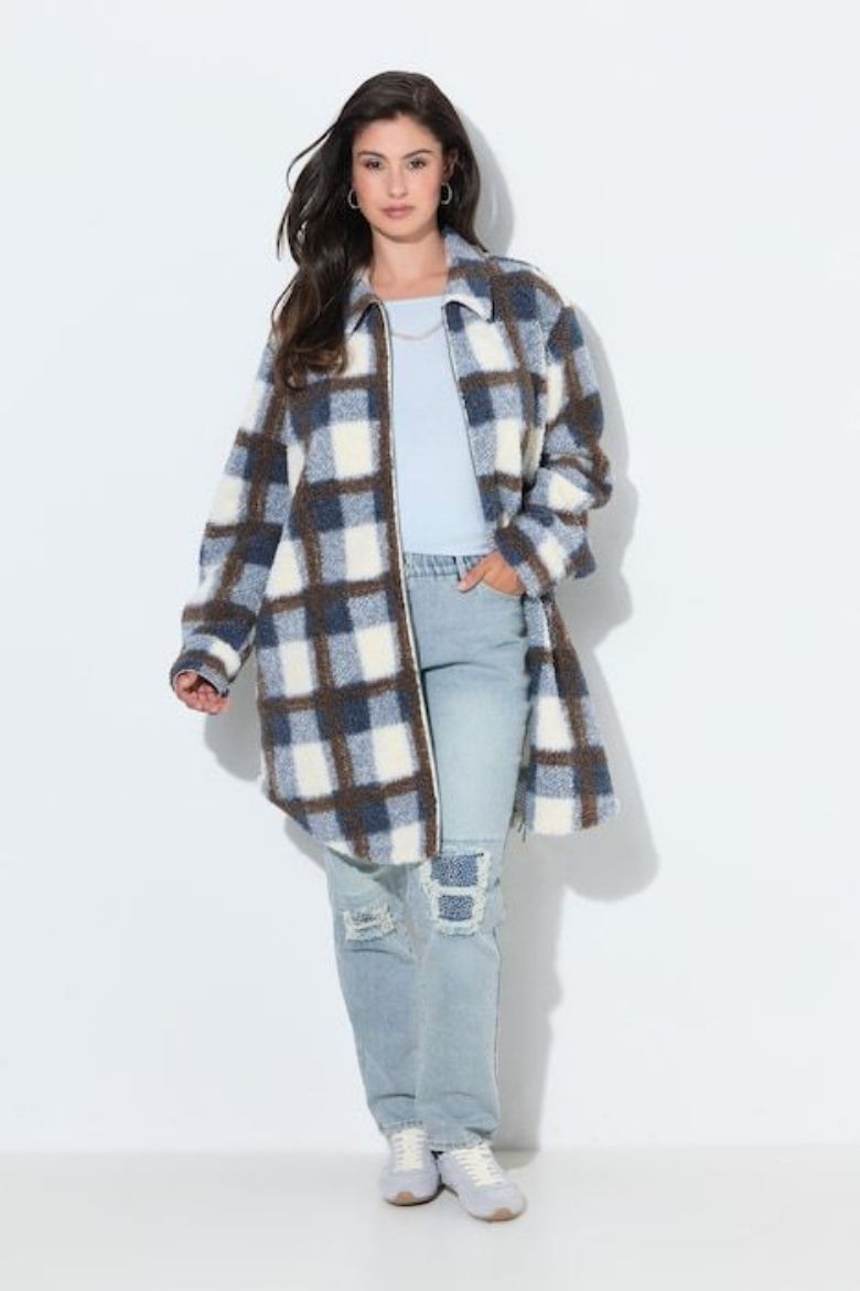 Plus size veliki brojevi Jakna teddy karirana dužeg kroja za punije